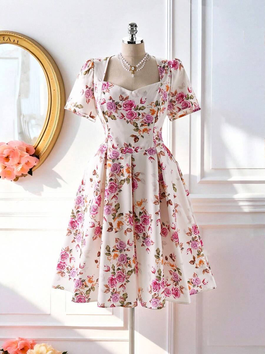 DreamSkyne Plus Size Elegant Pink Floral Summer Dress For Women,French Vintage Rose Print Tea Party Dress,Fashionable Casual Vacation & Commute Style - Pink - View 1