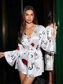 SHEIN Heart Print Faux Silk Backless Hollow-Out Sexy Robe - Multicolor - View 3