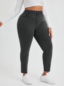 SHEIN Essnce 大码休闲纯色口袋日常百搭牛仔裤 - 灰色 - 查看 4