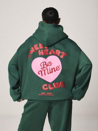 MISSGUIDED Women Oversized Hooded Sweatshirt Valentine Sweetheart Club Be Mine Heart Graphic Print Pullover Hoodie Long Sleeve Casual