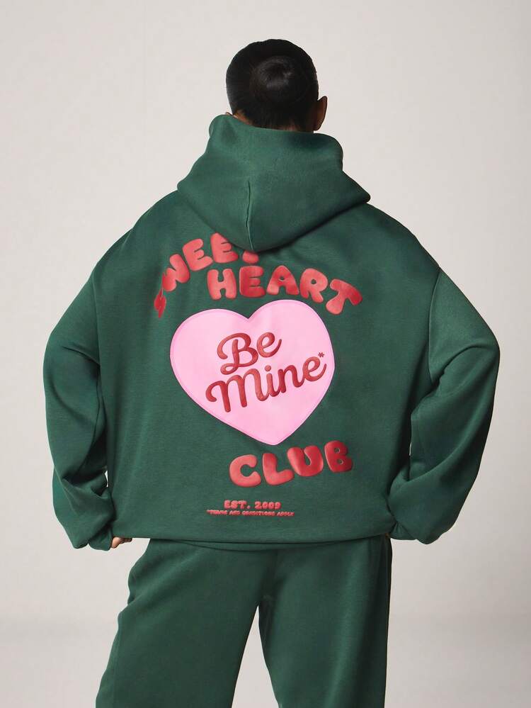 MISSGUIDED Damen Oversized Kapuzensweatshirt mit Valentinstag Herzchen Club "Sei Mein" Herz Grafik Muster Pullover Kapuzenpullover Langarm Lässig