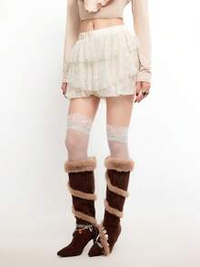 Bloopia Multi-Layer Lace Satin Shorts Skirt, Y2K Streetwear Style Women Shorts - Apricot - View 4