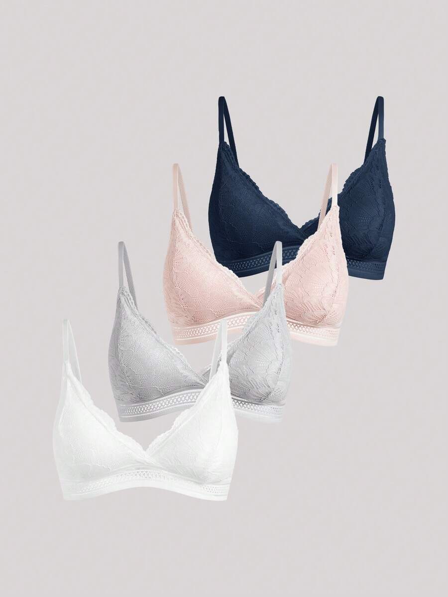 4PCS Wireless Lace Bikini Scalloped Bra Underwear Lingerie - Multicolor - View 1