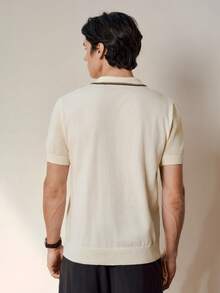 RONVEXI 男士休闲日常通勤简约百搭撞色滚边 Polo 领短袖针织衫，适合度假穿着；百搭男士针织衬衫；男士纽扣 Polo 衫；奶油色男士上衣；男士 Polo 衫；男士针织 Polo 衫；男士 Polo 衫；男士高尔夫球衫 - 杏色 - 查看 3