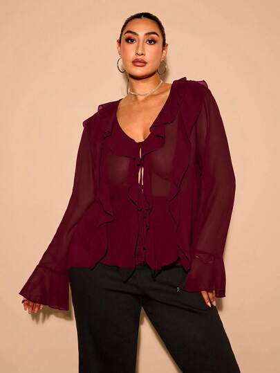 SHEIN BAE Plus Size Women Fall Elegant Sweet Sexy See-Through Chiffon Ruffles Decoration Fit Long Sleeve Top, Daily Wear, Fall/Winter