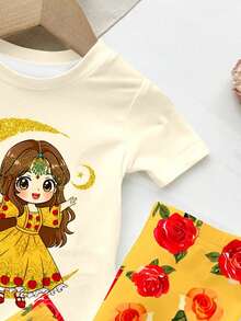 SHEIN Baby Girl Summer Loungewear Cute Cartoon Girl Print Pattern Burgundy Rose Star Moon Design White Floral Snug Fit Family Matching Vacation Loungewear - Multicolor - View 7
