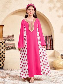 SHEIN Vestido casual bohemio con patchwork de colores contrastantes para niñas preadolescentes, para vacaciones, fiestas y festivales - Rosa - Ver 1
