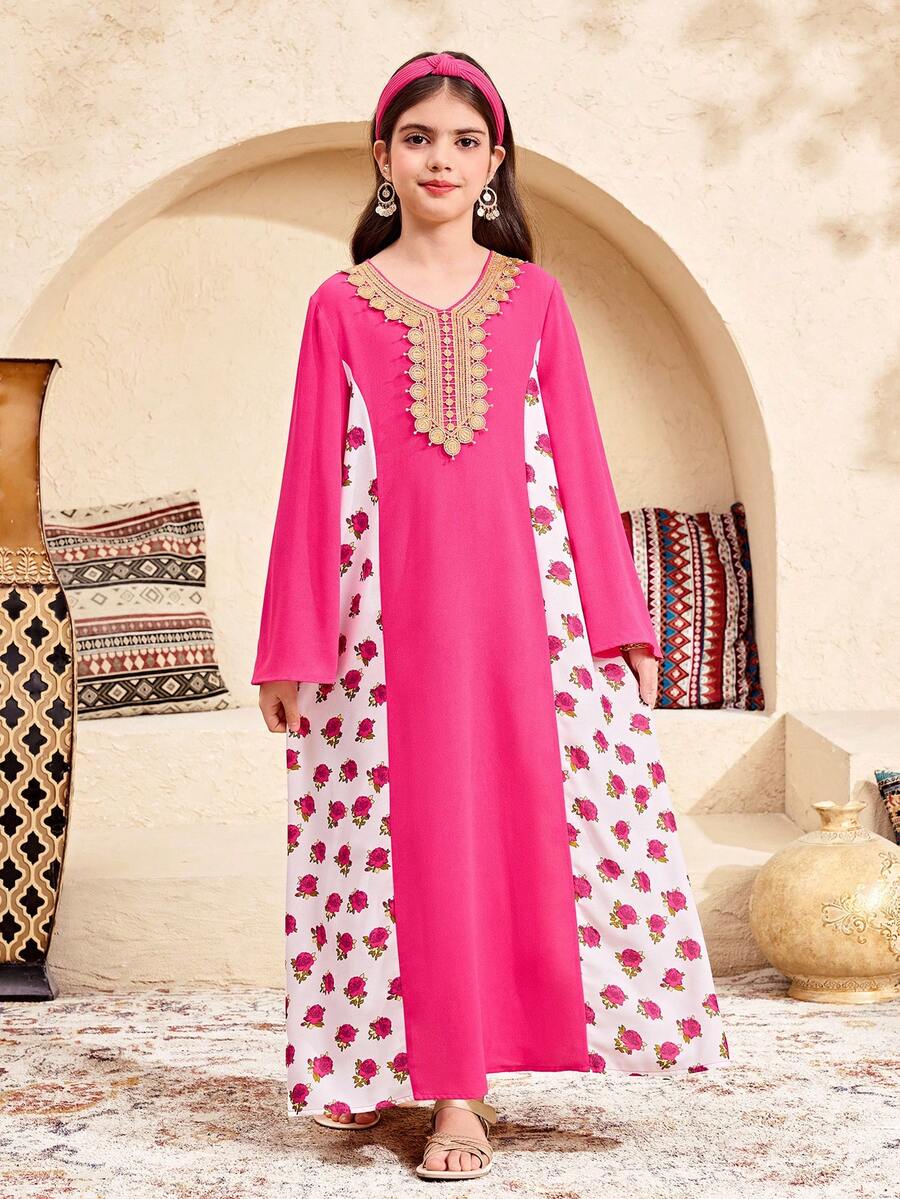 SHEIN Vestido casual bohemio con patchwork de colores contrastantes para niñas preadolescentes, para vacaciones, fiestas y festivales - Rosa - Ver 1