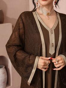 Al Najma Elegant Lace Trim Cardigan & Sleeveless Dress, Turkish & Arabic Traditional Long Robe For Women - Coffee Brown - View 6