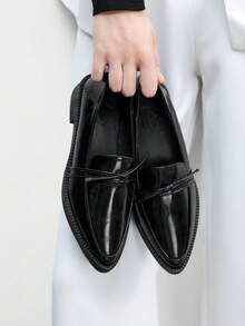 CUCCOO BIZCHIC Women's Black Pointed Toe Loafers With Delicate Bow Decor, Comfortable Slip-On Thick Sole Dress Shoes For Work And Casual Wear