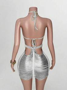 BamGleam 露背细肩带修身连衣裙，时尚设计 - 銀色 - 查看 2