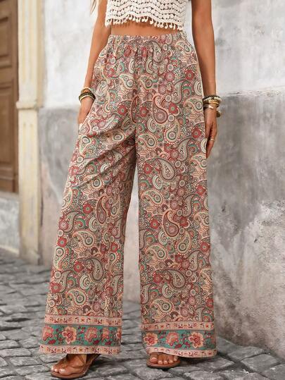 Brillora Women's Casual Fashionable Bohemian Vacation Style Paisley Print Loose Wide Leg Pants