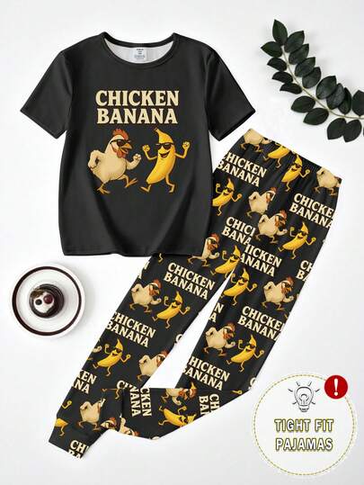 1set Tween Boys Cartoon Chick & Banana Print Knit Snug Fit Short Sleeve Top And Pants Pajama Set