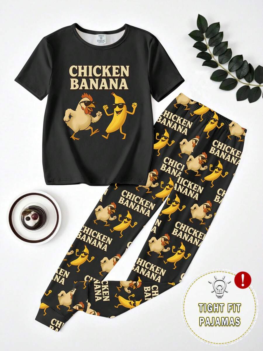 1set Tween Boys Cartoon Chick & Banana Print Knit Snug Fit Short Sleeve Top And Pants Pajama Set - Black - View 1