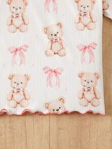 SHEIN Young Girls Cute Cartoon Pattern Ruffle Trim Round Neck Short Sleeve Top And Pants Knit Comfy Fitted Pajama Set, 2pcs - Beige - View 7