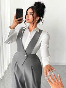 SHEIN Tall CURVE Bộ jumpsuit không tay cổ chữ V sâu, nhiều cúc phía trước, vạt áo bất đối xứng, thời trang dành cho nữ cỡ lớn, phù hợp cho mùa xuân/hè, đi học, nghỉ lễ, tốt nghiệp, các ngày lễ, Ngày Valentine, Giáng sinh, lễ hội âm nhạc, Ngày của Mẹ, Halloween, Lễ Tạ ơn, Lễ Phục sinh, Ngày Quốc khánh, khiêu vũ, hẹn hò, tiệc tùng, đám cưới, các hoạt động ngoài trời. - Xám - Xem 2