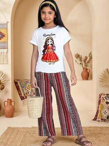 Tween Girls Casual Vacation Loose Fit Cartoon Girl Print Knit T-Shirt & Striped Print Pants Set, Spring/Summer - Burgundy - View 6