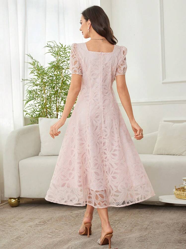 Modelyn 女士法式蕾丝优雅收腰长裙 - 粉色 - 查看 2