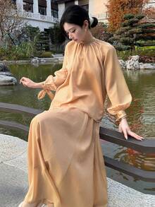 DAZY Spring & Summer Chiffon Blouse & Flared Skirt 2-Piece Set, Elegant Tie-Up Design, Suitable For Casual, Vacation, Beach, Wedding, Valentine's Day - Champagne - View 9
