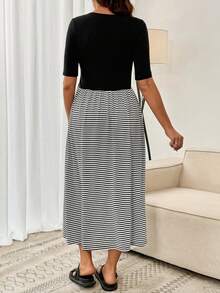 SHEIN Vestido de enfermería casual de maternidad con cuello en V, manga corta, a rayas y parches - Negro - Ver 2