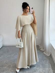 Siren Gaze Women's Elegant Minimalist A-Line Waist Cinched Long Dress, Autumn - Apricot - View 6