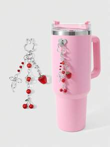 ROMWE Kawaii 1. 春日甜美，精致休闲，时尚百搭，高价值银星链，串珠红色树脂珠，仿水晶镂空蝴蝶结，樱花吊坠，DIY钥匙扣，包包挂件，水杯挂件，手机挂件，固定粘贴爱心，适合女孩和女士日常佩戴，节日礼物 - 紅色-15 - 查看 2