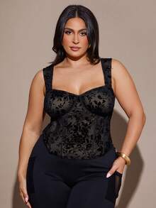 SHEIN BAE 大码女式植绒拼接蕾丝边吊带背心，秋冬季，圣诞派对上衣，新年装扮，感恩节，优雅正式上衣，婚礼上衣，秋季，生日黑色上衣 - 黑色 - 查看 3