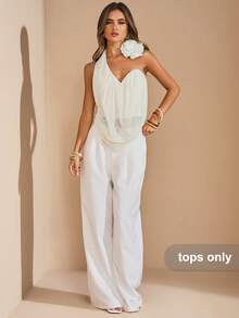 SHEIN BAE Blusa elegante de punto de un hombro con cuello asimétrico y detalles florales en color albaricoque para mujer - Blanco - Ver 8