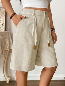 Breezaya 大码仿亚麻材质，束腰直筒五英寸短裤，休闲百搭，适合外出、度假、约会和派对穿着。 - 杏色 - 查看 4