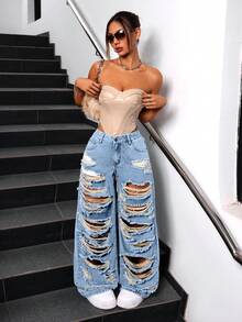 Jeanoix Pantalones vaqueros anchos de ajuste holgado, diseño desgastado con botones y bolsillos para mujer - Lavado ligero - Ver 3