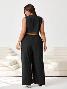 Solflare Bộ jumpsuit thường ngày mới mùa Xuân/Hè 2026, thích hợp cho các buổi đi chơi, mặc thường ngày, dự tiệc, hẹn hò, tiệc sinh nhật, lễ hội âm nhạc, đi học, đi làm, kỳ nghỉ, ngày Valentine, mặc ở nhà, chất liệu cotton pha, không tay, cổ chữ V, cài nút phía trước, eo chun, dáng rộng, dài, màu đen, cỡ lớn. - màu đen - Xem 2