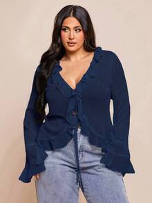 SHEIN BAE 大码女式春季优雅雪纺衬衫，带荷叶边泡泡袖，适合约会、与朋友聚会、度假和日常通勤 - 藏蓝色 - 查看 4