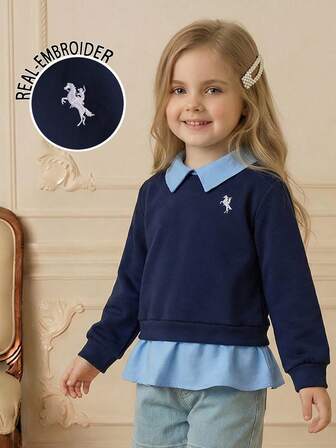 PrepCrw 1pc Young Girls Elegant Urban Versatile 2 In 1 Design Light Blue Collar Dark Blue Long Sleeve Sweatshirt, Suitable For Casual Outings, Gatherings, Holidays, Autumn And Winter