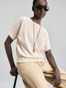 Ontre Damski, miękki i luźny sweter z mieszanki wełny, z krótkim rękawem, uniwersalny na miejskie dojazdy, na co dzień, do biura, na święta i Nowy Rok, podstawowy top - Beżowy - Zobacz 7