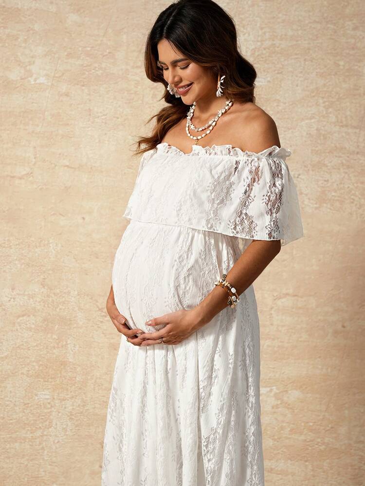 white lace pregnancy dress Maternity Photoshoot length shift dress with soft stretch corded lace is lined with premium jersey for added luxury Kate White Lace Trailing Custom
