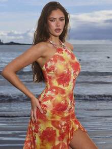 Swim Vcay 女士性感露背扎染印花连体泳衣，配不规则荷叶边下摆罩裙，夏季海滩度假 - 彩色 - 查看 4