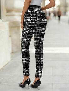 SHEIN Clasi 女士新款优雅高腰收腰格子针织弹力裤，适合通勤、工作、日常穿着 - 黑與白 - 查看 4