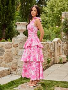 KARISMINA Women's Layered Ruffle Trim Dress, Suitable For Spring/Summer Vacation,Valentine Outfits For Women , Suitable For Spring/Summer Outings And Vacations - Pink - View 2