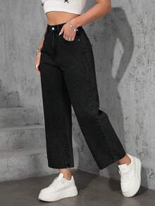 SHEIN ICON Plus Size Women Casual Loose Straight Leg Light Blue Non-Stretch Jeans - Black - View 4