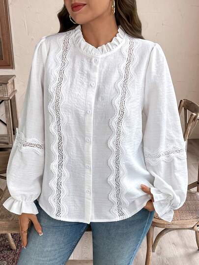 Weeklong Plus Size Fashionable Women's New Casual Commuter Lace Patchwork Bamboo Fiber Ruffle Hem Long Sleeve Blouse, Suitable For Spring/Summer, Back To School, Vacation, Graduation, Holidays, Valentine's Day, Christmas, Music Festivals, Mother's Day, Halloween, Thanksgiving, Easter, National Day, Dances, Dates, Parties, Weddings, Outdoor Activities