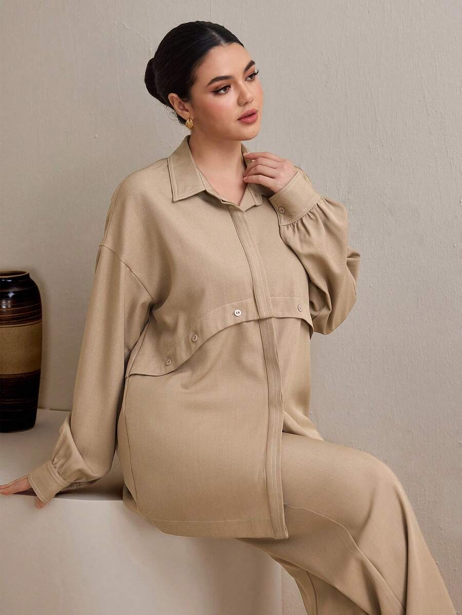 Graceveil 女士纯色落肩长袖单排扣休闲/工作衬衫 - 杏色 - 查看 1