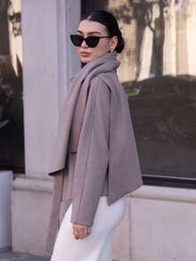 Andrea Bello 女式纯色长袖大衣，腰带围巾设计，秋冬 - 卡其色 - 查看 4