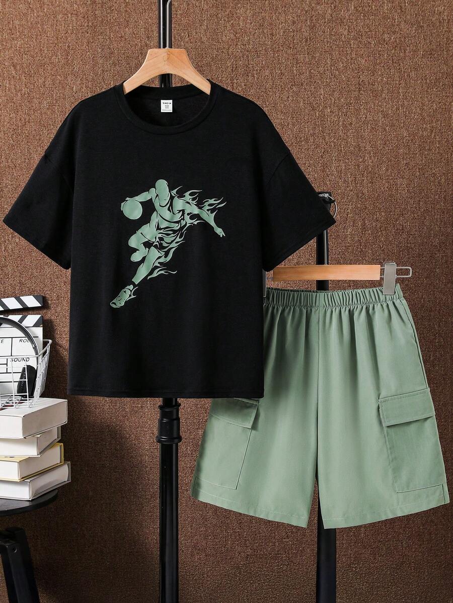 SHEIN 2pcs/Set Boys' Basketball Player Print Short Sleeve Tee And Sports Cargo Shorts Casual Outfit Set, Suitable For Summer Suitable For Daily Use Suitable For School Suitable For Travel Suitable For Sports Suitable For Spring And Summer Outfits - Black - View 1