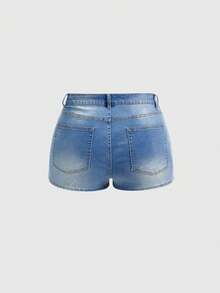 ROMWE Hippie Plus Size Women Floral Embroidery Pocket Casual Versatile Denim Shorts - Medium Wash - View 2