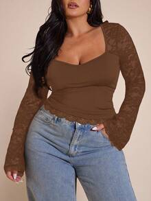 SHEIN BAE Plus Size Women Lace Patchwork Long Sleeve Top - Brown - View 2