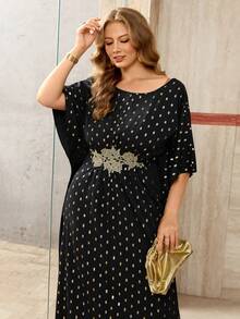 Roveilla Plus Size Women's New Wedding Guest Batwing Sleeve Middle Eastern Elegant Loose Dress, Romantic Long Dress With Embroidery Decor, Platinum Polka Dot Dress, Wedding Guest Gown Luxury Dress For Women Caftan Dress Maweii Plus Size Dress Curve Elegant Dress Plus Size Elegant Dress Luxury Caftan Dress For Women Plus Size Evening Gown - Black - View 8