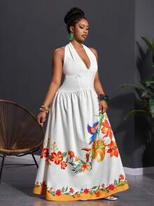 Veslaya 春夏新品度假休闲日常波西米亚风沙滩度假篝火派对假日休闲优雅法式浪漫舒适夏季无袖系带收腰印花长裙，大码女式度假连衣裙夏季长裙女士长裙夏季热带风情长裙度假连衣裙 - 白色 - 查看 5