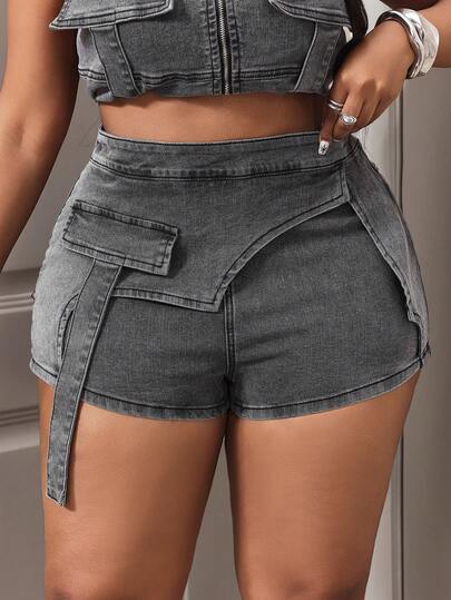 Slaydiva Short grande taille femme gris élastique sexy skinny style cowgirl, tenues de printemps