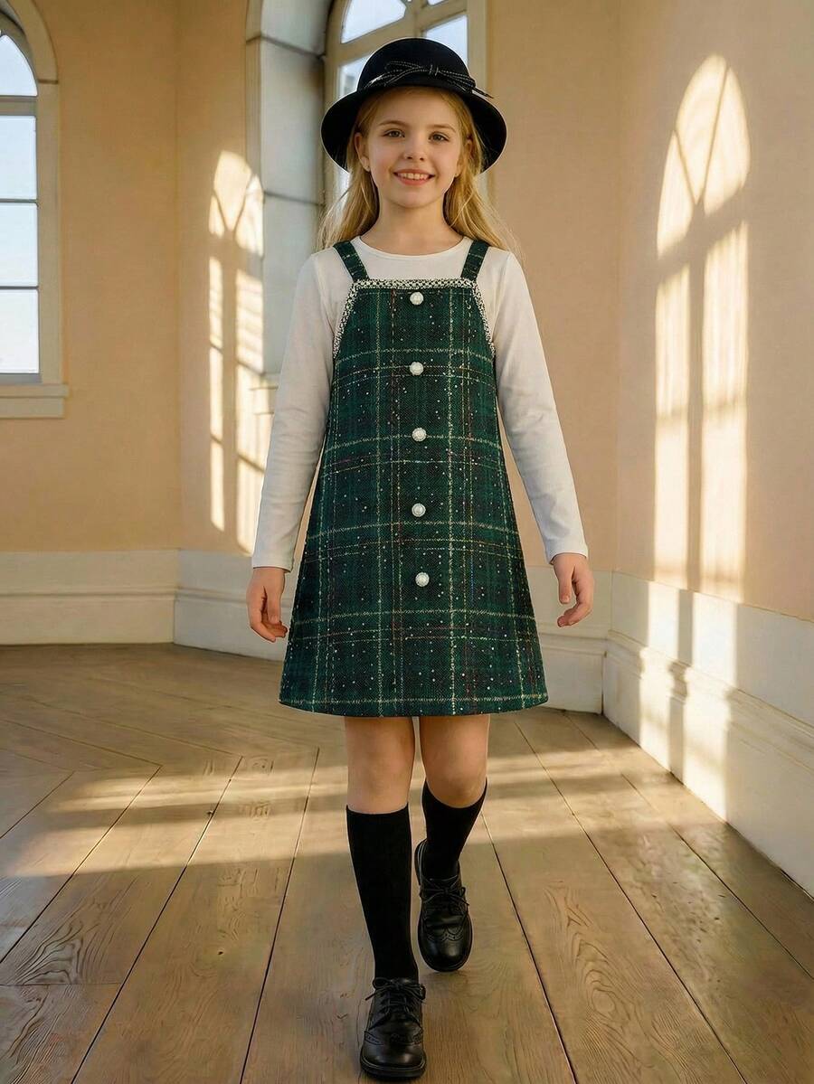 PrepCrw 1 pieza Vestido de suéter a cuadros verde con adorno de botones de perla y ribete negro, estilo elegante escolar y casual urbano para niñas preadolescentes, adecuado para uso en el hogar, uso diario, Navidad, festivales, otoño/invierno - Multicolor - Ver 1