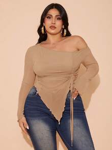 SHEIN BAE Plus Size Women Mesh Bow Decorated Blouse, Elegant Sleeveless Summer Holiday Party - Khaki - View 5